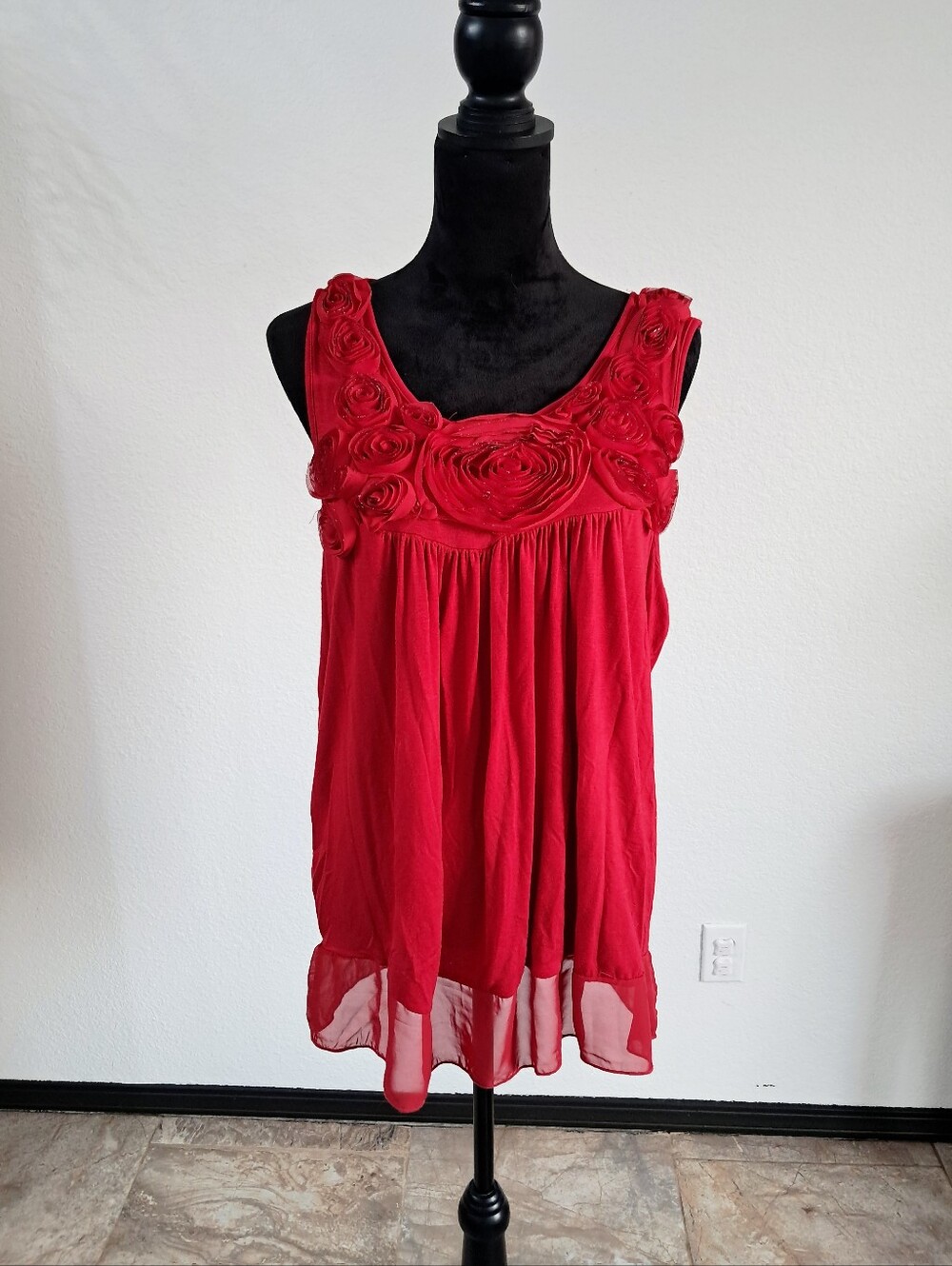 Espresso Babydoll Top 1X Red Rosette 3D Flowers Chiffon Hem Y2K Revival Holiday